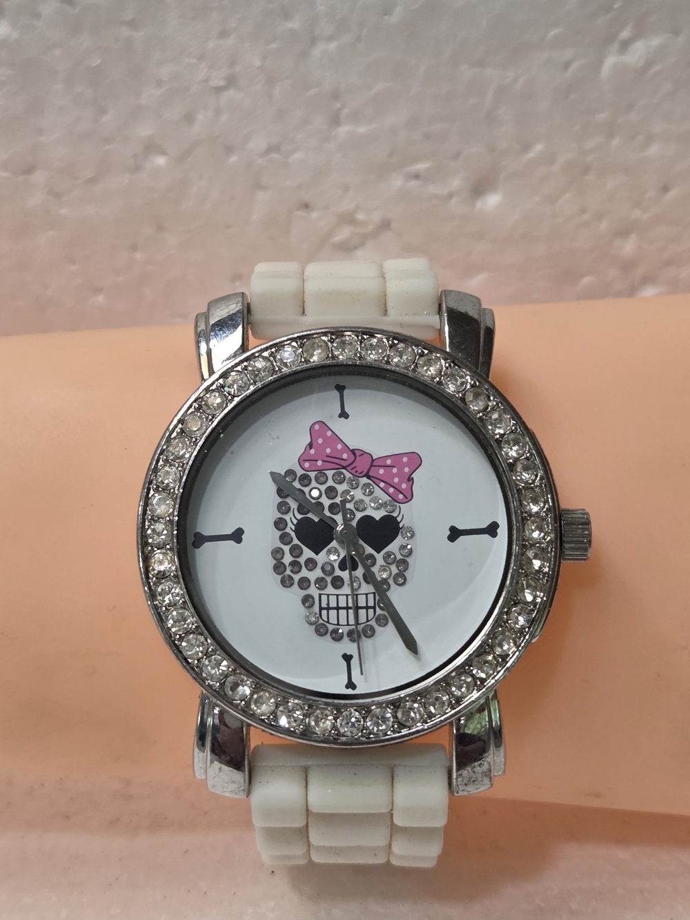 Sugar White Skull Design Women's Watch with Pink Bow